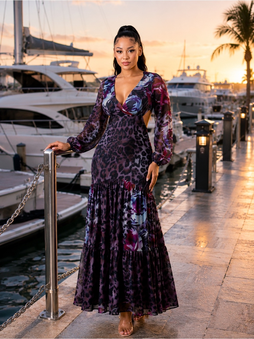 Floral Animal Print Long Sleeve V Neck Cut Out Maxi Dress - Picture 4 of 12